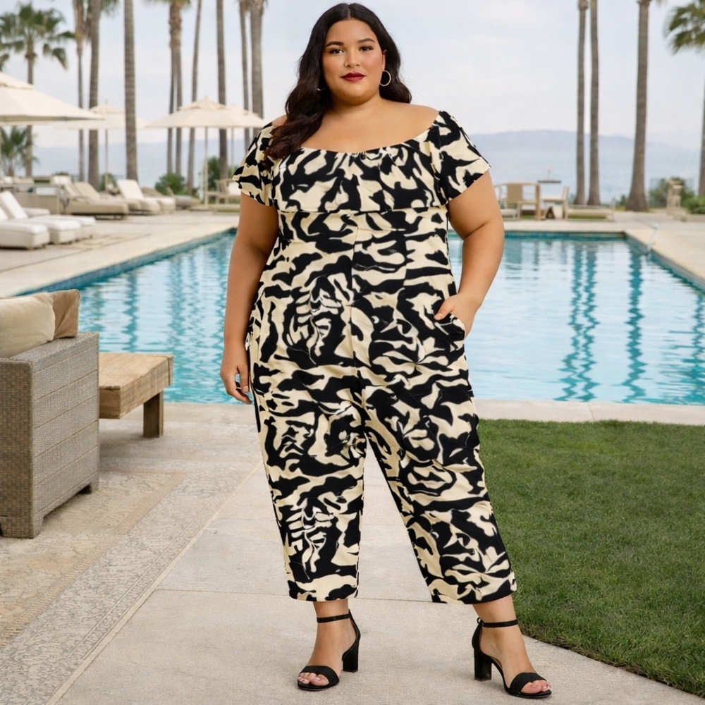 Plus Size Off-Shoulder Wide Leg Jumpsuit in Cream & Black
